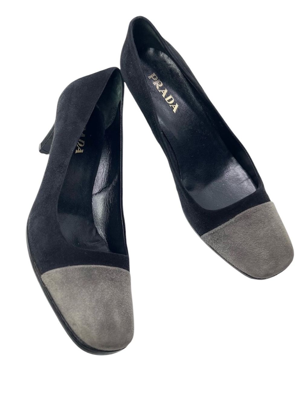 Prada Suede Leather Grey Black Color Block Minimalist Heels Pumps